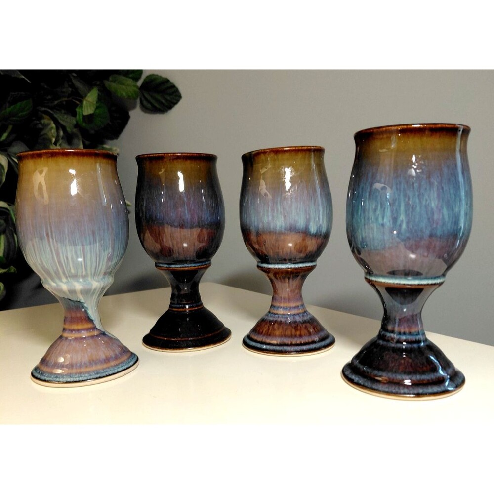 4 Stonewear Wine Goblets Reactive Blue Tan Brown Gold Gorgeous!
